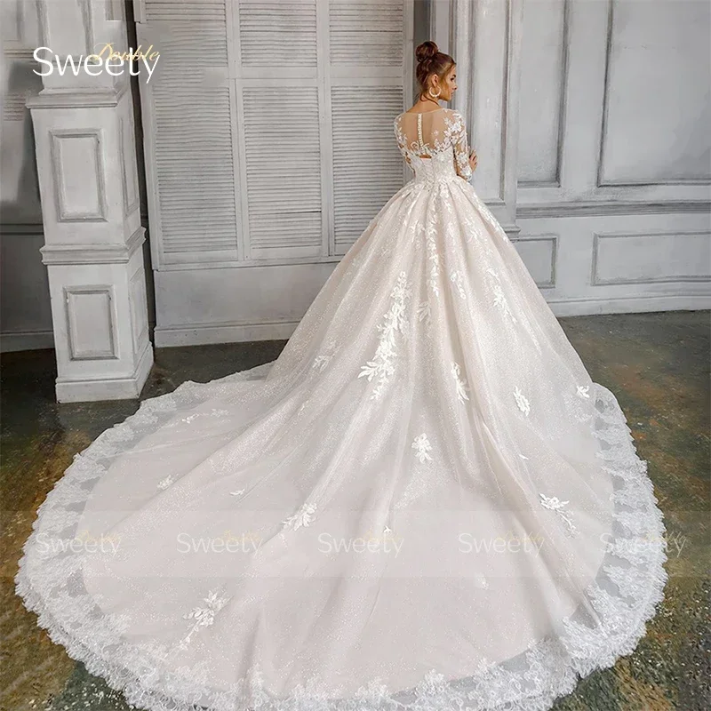 Luxury Wedding Dress Organza With Embroidery Lace Ballgown Train Full Sleeve O-Neck Bridal Dress Lace Up Button Vestido De Novia