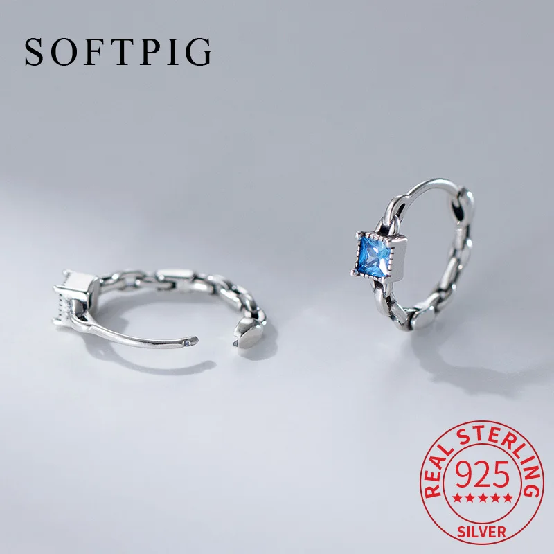 

SOFTPIG Real 925 Sterling Silver Square Zircon Chain Round Hoop Earrings for Women Cute Fine Jewelry Advanced Accessories