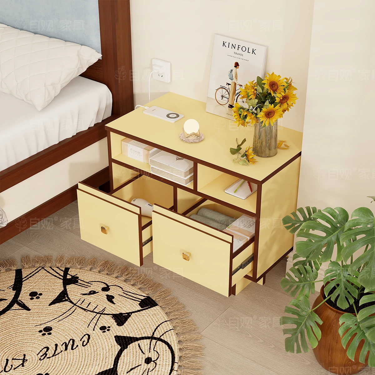 Self-viewing bedroom medieval bedside table retro yellow side cabinet, living room small coffee table side cabinet, sofa