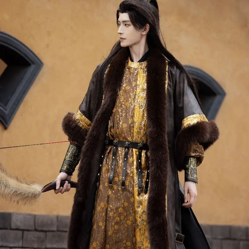 Winter Hanfu Men Leather Coat With Golden Robe Chinese Vintage Hanfu Carnival Cosplay Costume Tang Suit Hanfu Plus Size XL