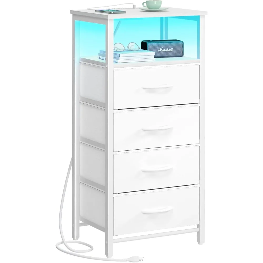 

Night Stand - LED White Nightstand with Charging Station, Bedside Table with 4 Storage Drawers and Storage Shelf, End Table wit