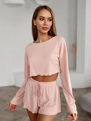 Hiloc Summer Pink Knitted Shorts Suits Sleepwear Fashion O-Neck Long Sleeve Crop Tops Elastic Black Sexy Shorts Pajamas Female