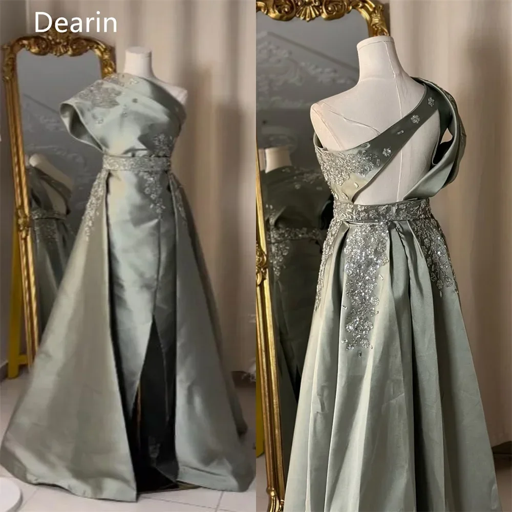 ที่กําหนดเองอย่างเป็นทางการชุดซาอุดีอาระเบีย Dearin One-Shoulder A-Line ความยาวชั้นเลื่อมเปิดกลับกระโปรงริบบิ้นพิมพ์ Bespoke โอกาส