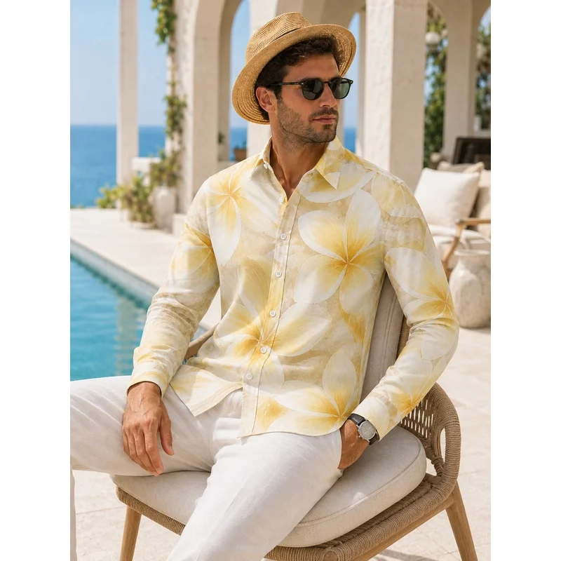 2026 Hot-Selling New Product: Simple Style Men'S Long-Sleeve Shirt, Vintage Printed Shirt, Versatile Island Vacation Shirt