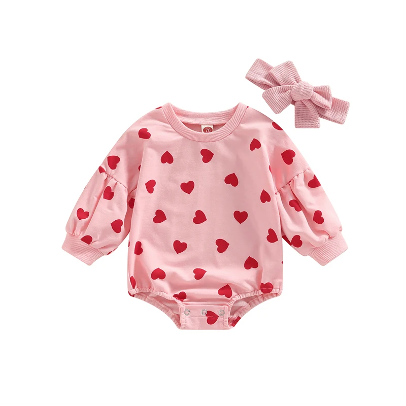 

Infant Baby Girls Romper Letter Heart Print Round Neck Long Sleeve Jumpsuits Autumn Winter Casual Bodysuits with Headband