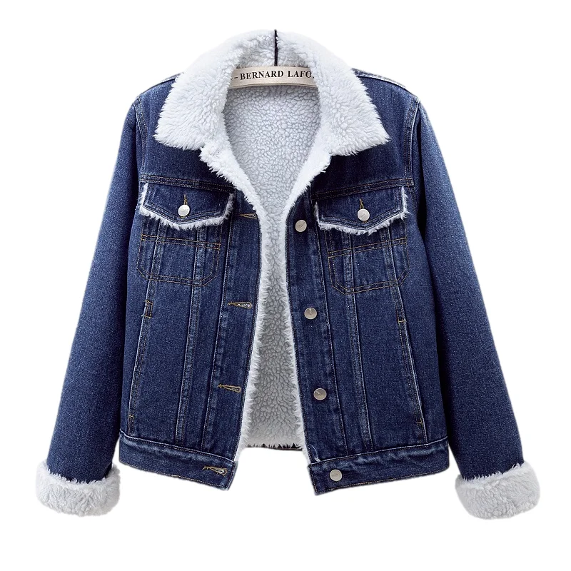 

Winter Thick Lambs Wool Liner Denim Jacket Women Dark Blue Loose Casual Short Cowboy Outerwear Pocket Jeans Jacket Coat Female