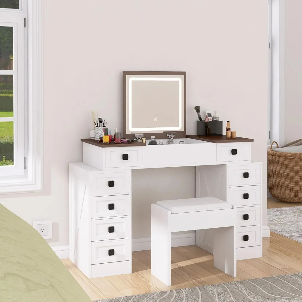

illuminated makeup vanity desk with flip-top mirror and storage drawers
