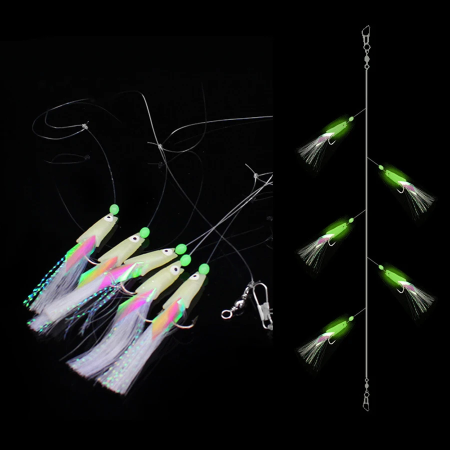 5/25pcs Saltwater Sabiki Rigs Fishing String Hooks with Soft Shrimp Bait Glow Bead Line for Night Fishing Surf Rock Saltwater