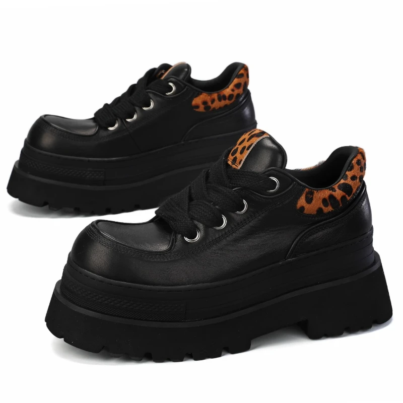 Original Thick Soled Height Increasing Shoes for Men's Genuine Leather Leopard Print Stitching Fashiona Casual Derby Shoes Male