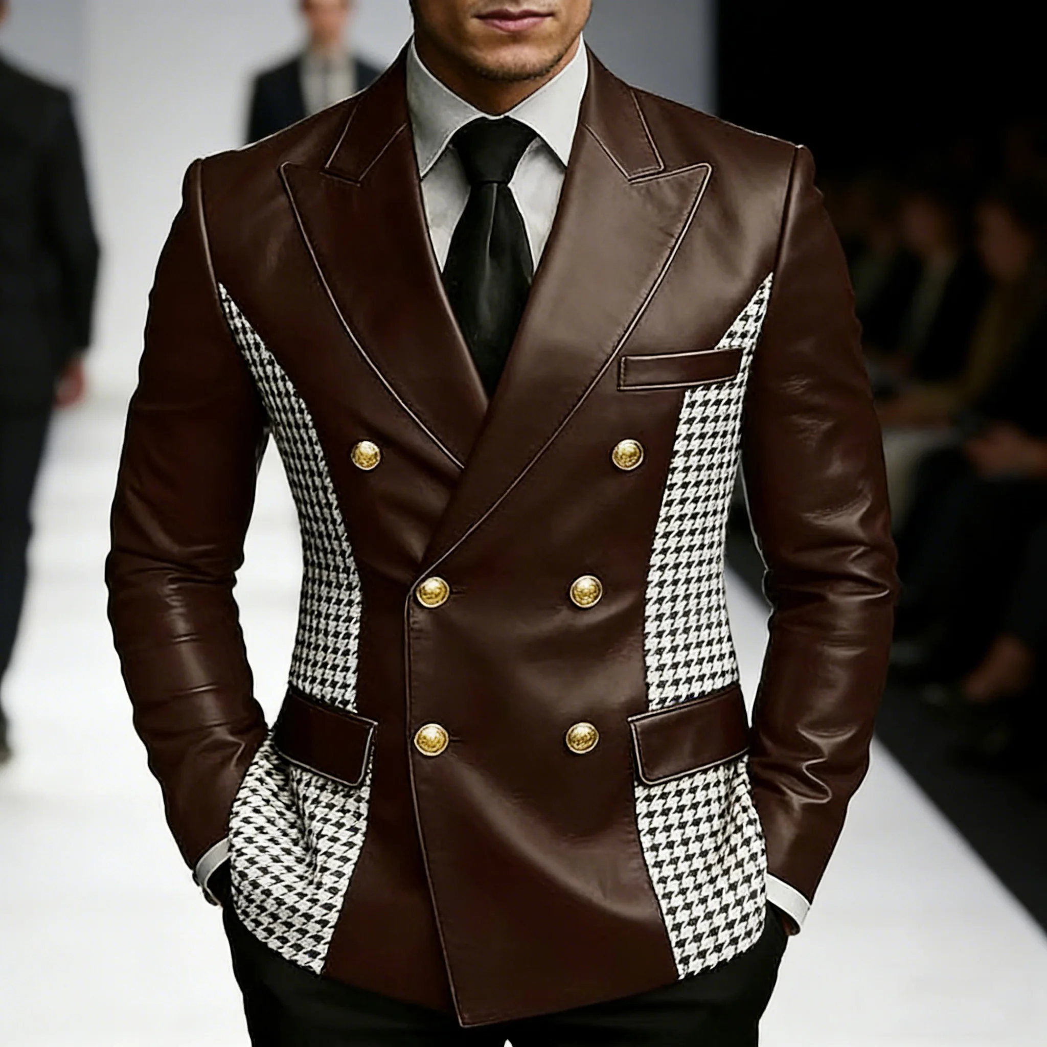 

Men’s Brown Leather Blazer With Houndstooth Sides Vintage Two-Tone Double Breasted Slim Fit Gold Buttons Leather Tuxedo Jacket