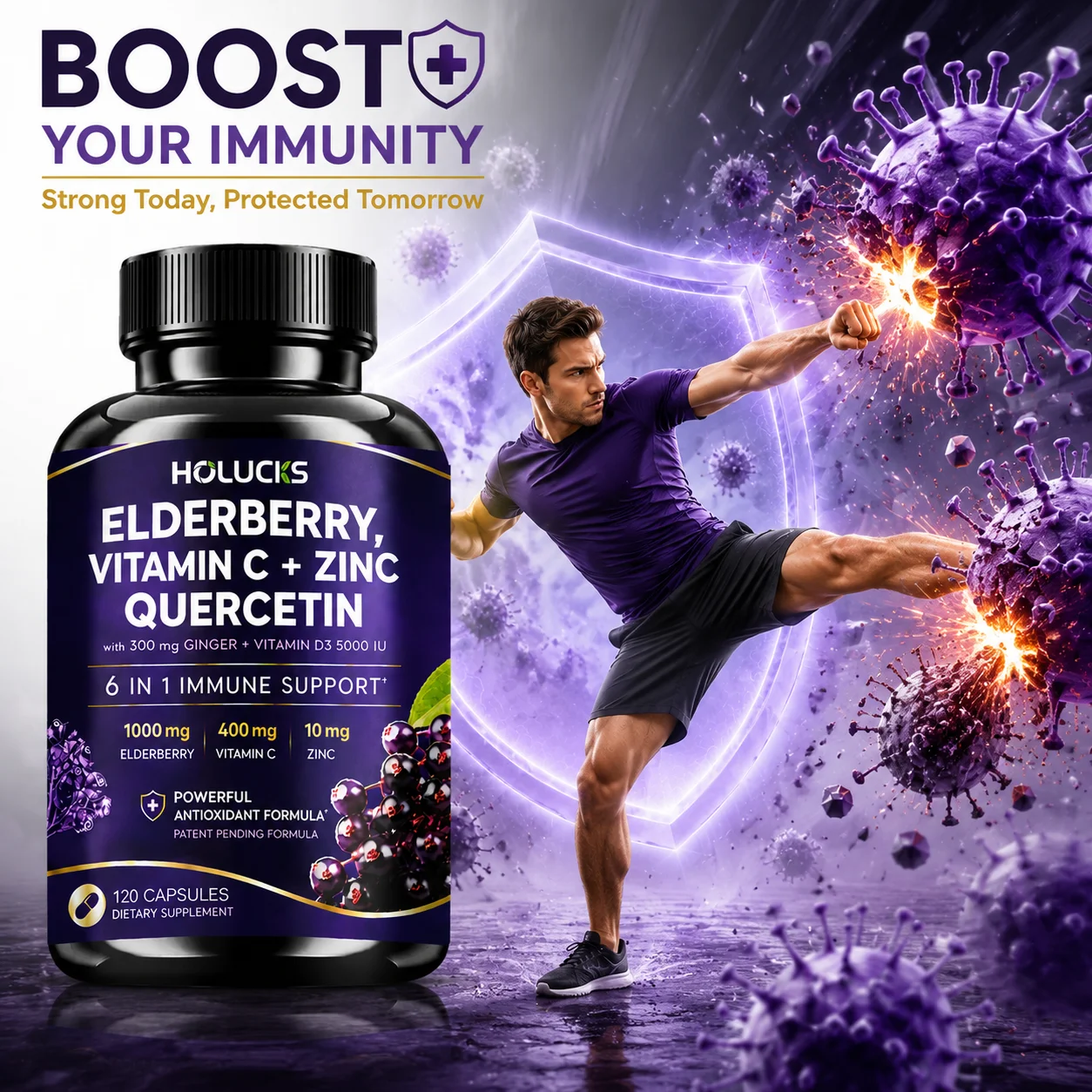 Elderberry Zinc Vitamin D Immune Defense Supplement with Quercetin Ginger, Support Skin, Cellular, Bone & Joint Health, Immunity