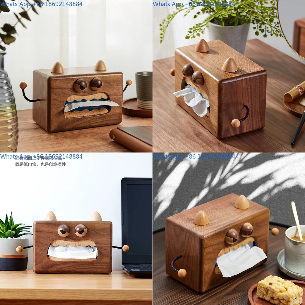 

Walnut Wood Monster Tissue Box for Living Room Dining Table Cartoon Side Pull Holder Home Storage