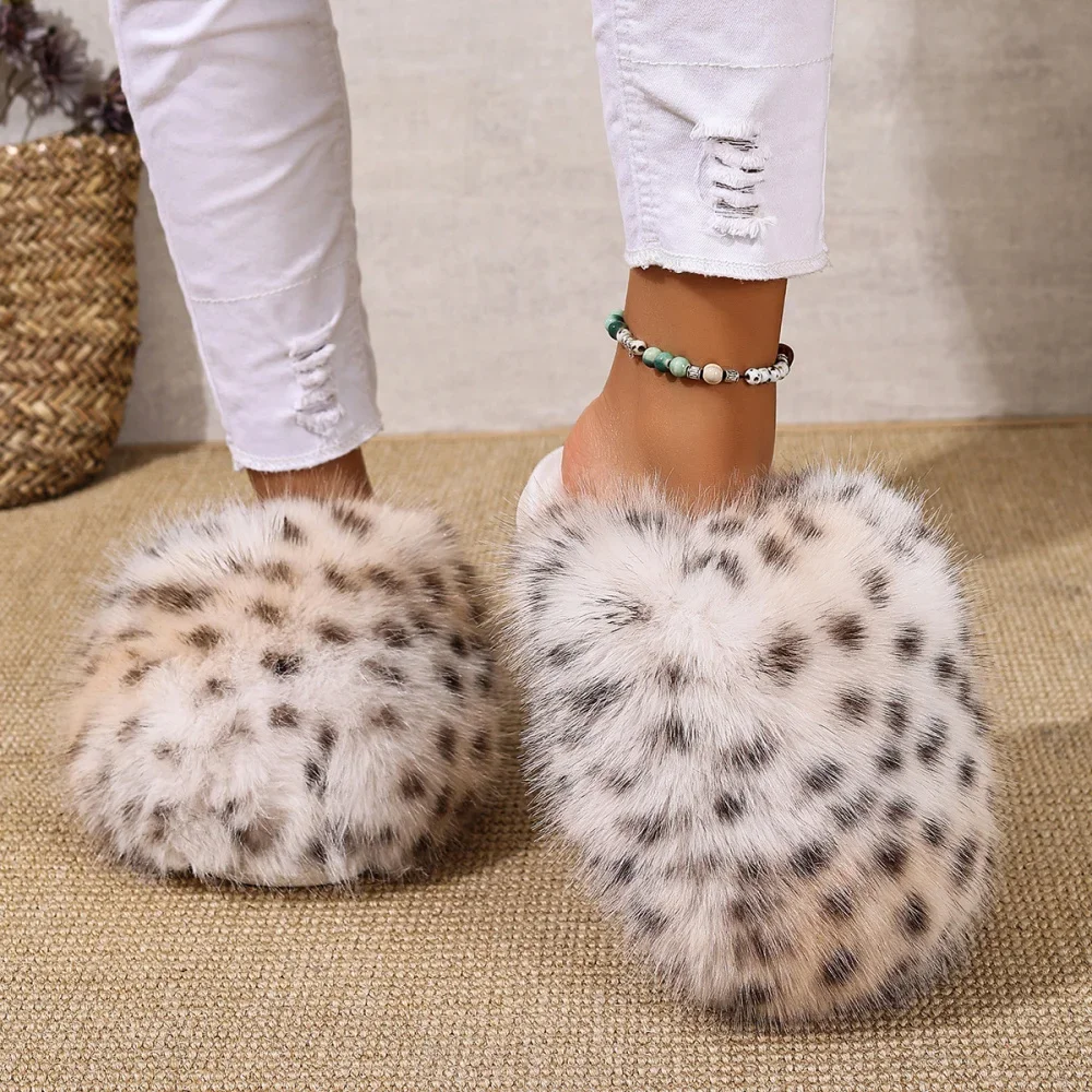Damen Warme Hausschuhe Plüsch Leopardenfell Flauschige Pantoffeln Große Größen Geschlossene Zehenpartie Flache Sandalen Weiche Bequeme Schuhe für Frauen – Detail 26