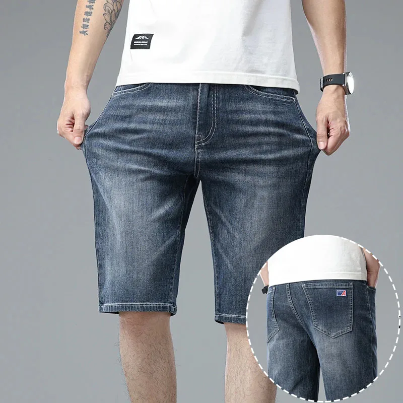 Summer Thin Men Korean Fashion Stretch Denim Shorts Classic Washed Straight Fit Knee Length Casual Versatile Jean Short Pants
