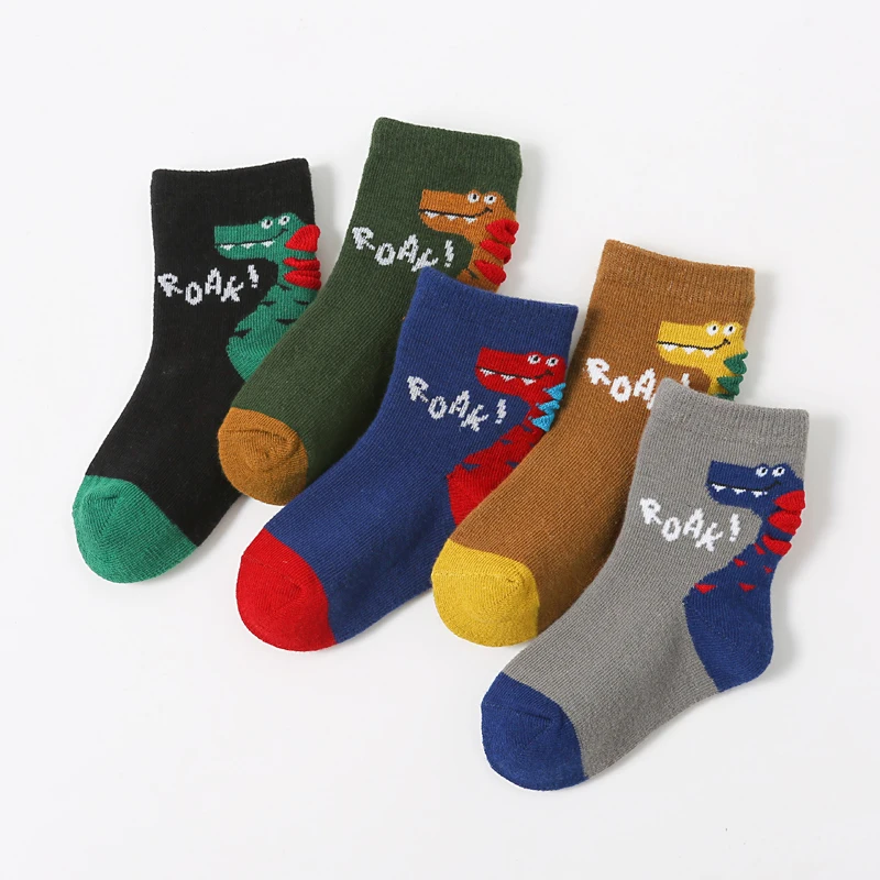 5 Pairs Boys Socks Cute Cartoon Dinosaur Pattern Cotton Comfortable Breathable Kids Socks