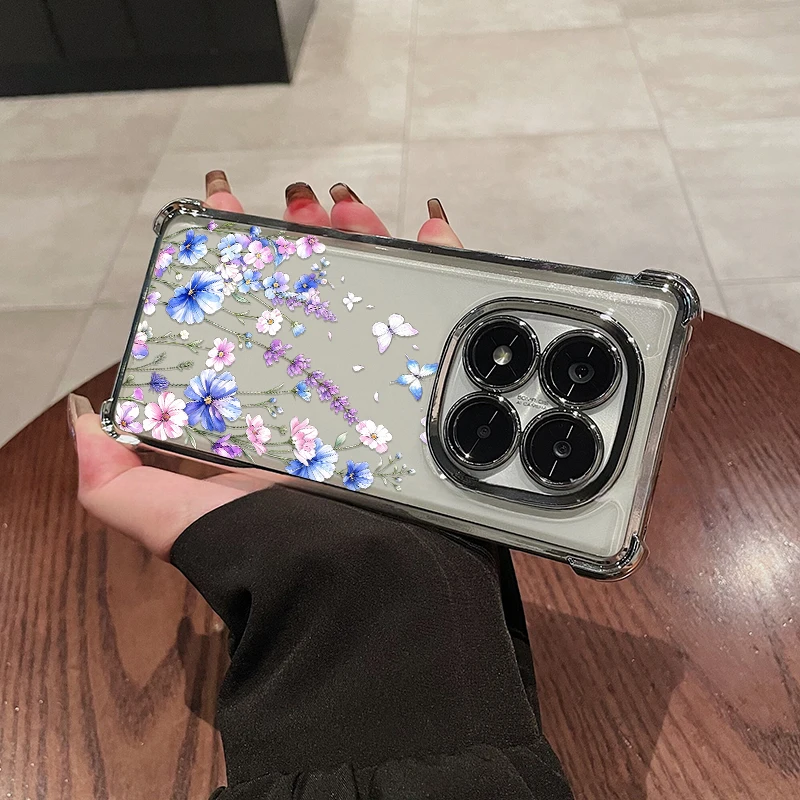Butterfly Flowers Printing Phone Case For Redmi Note 17 13 14 15 Pro Plus MAX 4G 5G Transparent Silicone Four-Corners Cover Capa