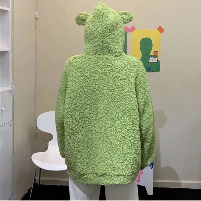 Autumn Winter Women Avocado Color Zip-up Sweatshirt Kawaii Fleece Faux Fur Long Sleeve Hooded Teddy Bear Ears Soft Hoodies