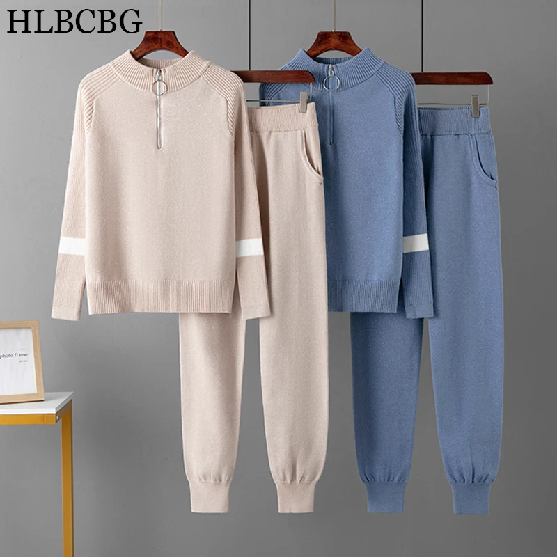 HLBCBG Spring Autumn 2023 Sparke Leisure Sports Fashion Two-piece Sweater Set women\'s knitted cardigan temperament Pants Suits