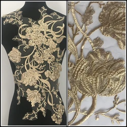 1Pcs Gold Fower Embroidered Mesh Fabric African Lace Fabric Sticker DIY Wedding Dress Decoration