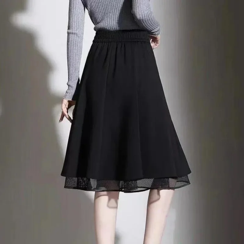 Elegant Fashion Women Mesh Black Skirt Koreon Clothing Streetwear Spring Summer New High Waist Pockets Loose Midi Casual Skirts