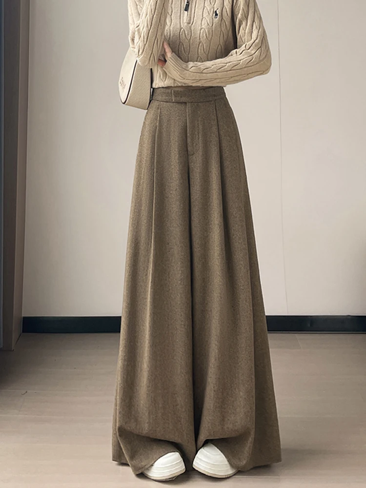 Pantaloni Casual da Donna Faion a Vita Alta, Foderati in Lana, Primavera 2026, Gamba Larga e Lunghezza a Terra, Stile Casual