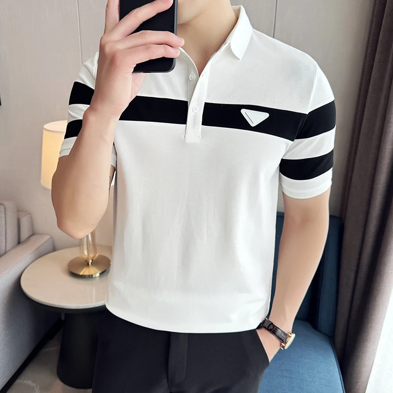 Business Casual Solid Color Men\'s Polo Shirt Summer Classic Men Short Sleeve V-neck T-shirt Slim Fit Spliced Polo 4XL-M