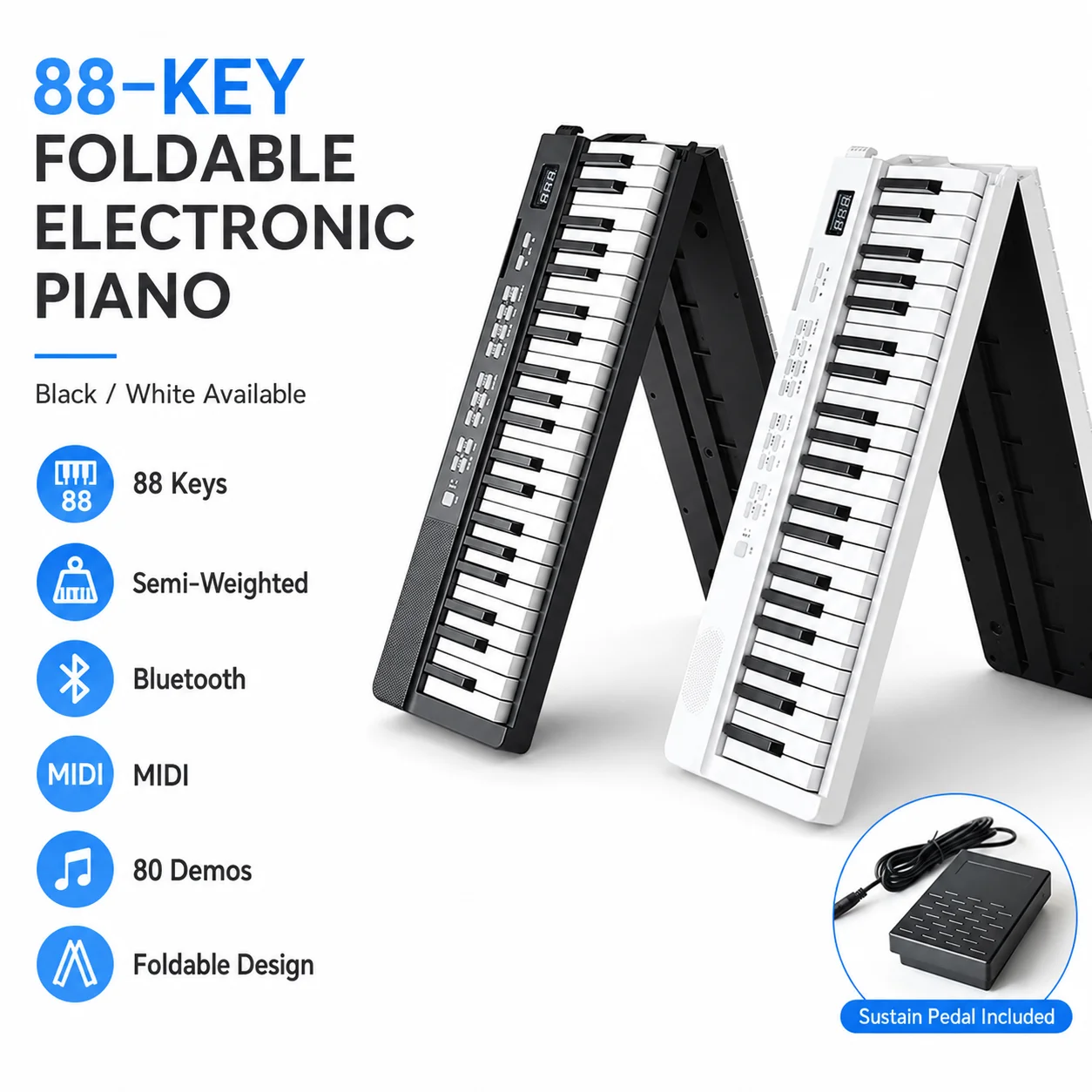 Split Foldable Digital Piano 88 Semi-Weighted Keys Bluetooth MIDI Built-in Speaker Travel Keyboard with Sustain Pedal