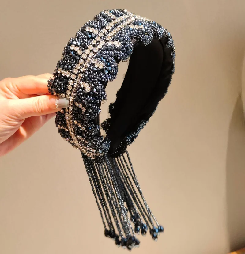 Handmade Full Crystal Diamond Sewn Hair Hoop Headband Exquisite Wide Edge Hairbands with Tassel Women Hairpin Hair Accessory