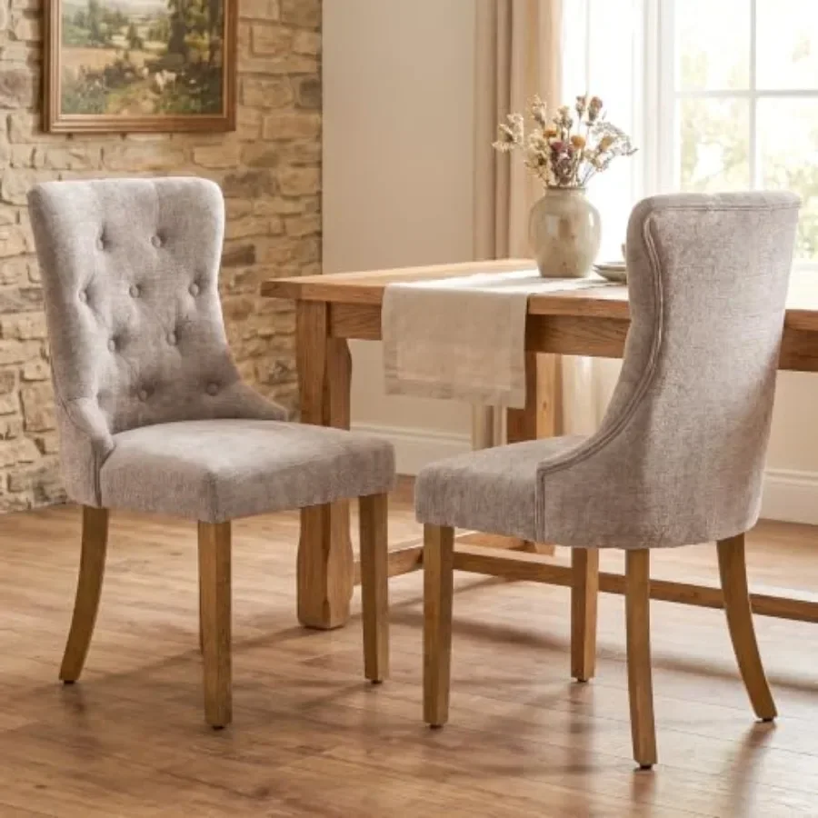 Wingback dining chairs set of 2 for kitchen and living room, chenille upholstery in beige, button-tufted back and solid wood le