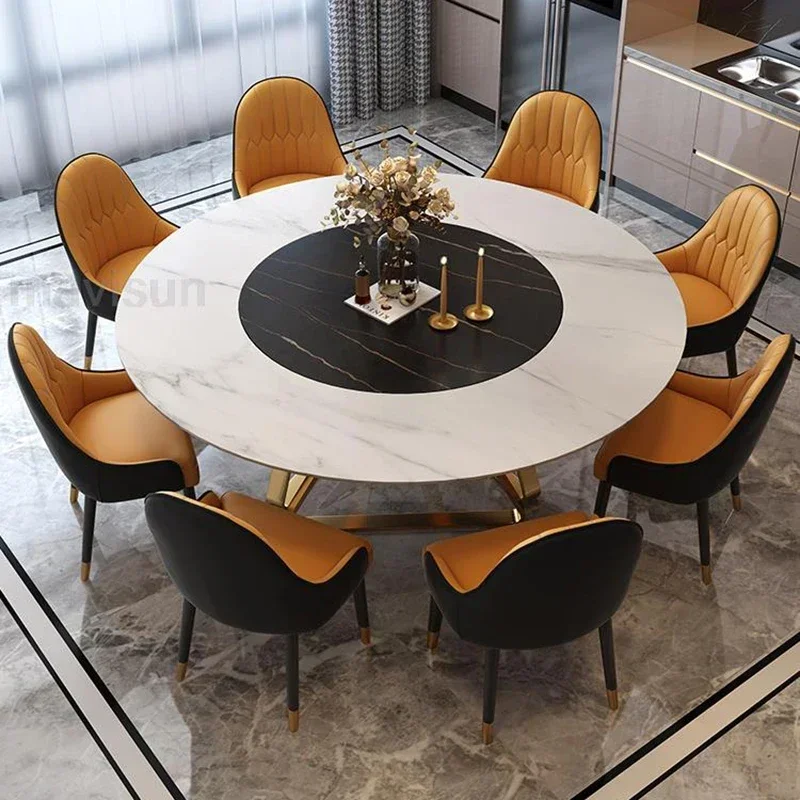 

Light Luxury Gold Dining Table Round Turntable 1.2/1.5m Dining Table Set 8 Chairs Minimalist Esstische Home Furniture GPF50YH