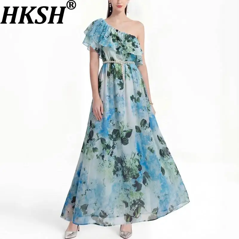 

Женское длинное платье HKSH с принтом, открытыми плечами, короткими рукавами, плиссировкой, поясом на талии, утягивающее, элегантное, для отпуска HK22733