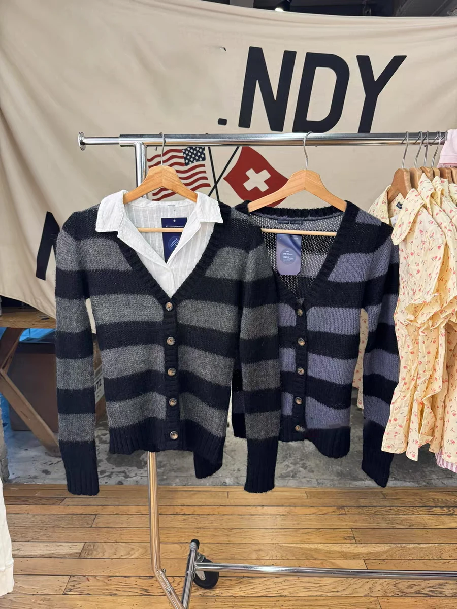 Striped Knitted Long Sleeve Sweater Cardigan Autumn V-neck Cotton Thin  Knitwear Tops Woman Vintage Slim New All-match Sweaters