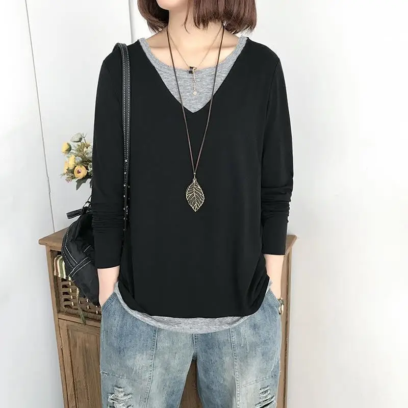 Fashion O-Neck Spliced Fake Two Pieces Tee Shirt Female Clothing 2022 Autumn New Loose Casual Pullovers Tops Oversized T-shirt