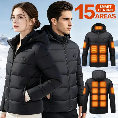 Unisex 15 Zones Heated Hooded Jacket Dual Control Switch USB Electric Heating Coat 3‑Level Temp Winter Warm Thermal Outerwear fo