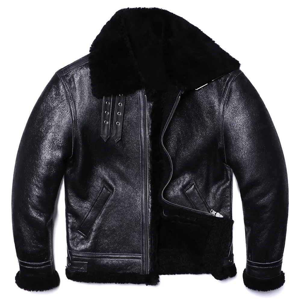 Black Winter Shearling Jacket Men Military Style Plus Size 5XL Genuine Natural Thick Sheepskin Warm B3 Bomber Leather Coat