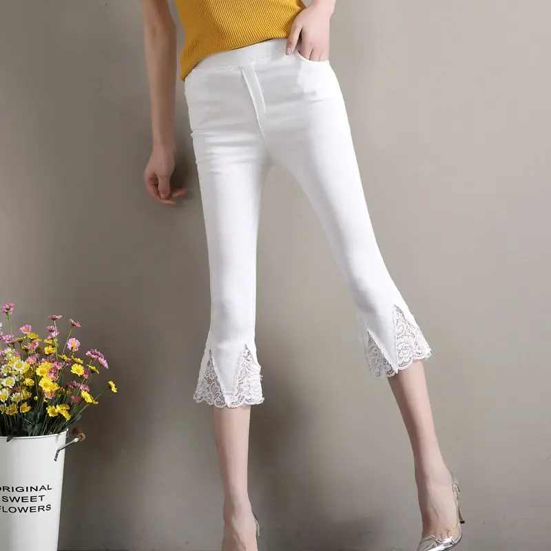 Calça feminina fina de emenda de renda flare, elástica na cintura alta, calça justa casual sólida, moda coreana, roupa de verão, nova