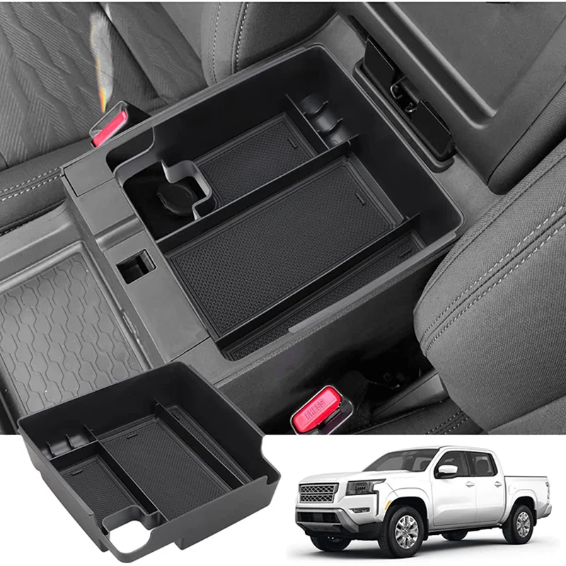 

Compatible Center Console Tray for Nissan Forntier 2022 2023 Accessories Pickup Truck Armrest Storage Box with Coin Holder