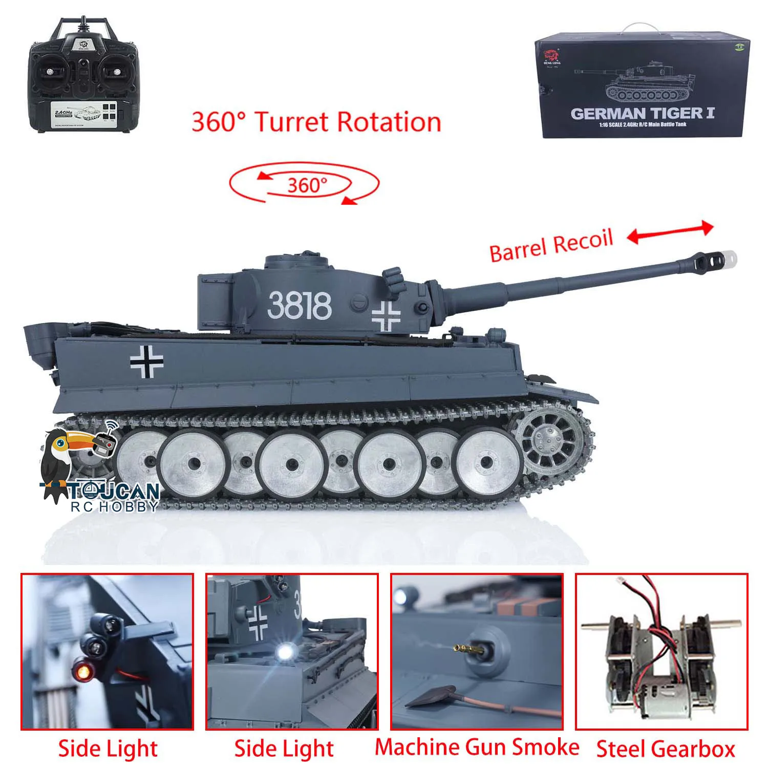 1/16 7.0 Tiger I RTR RC Tank Heng Long HL 3818 W/ Barrel Recoil Metal Tracks Wheels Remote Control Military Car Toys Gifts