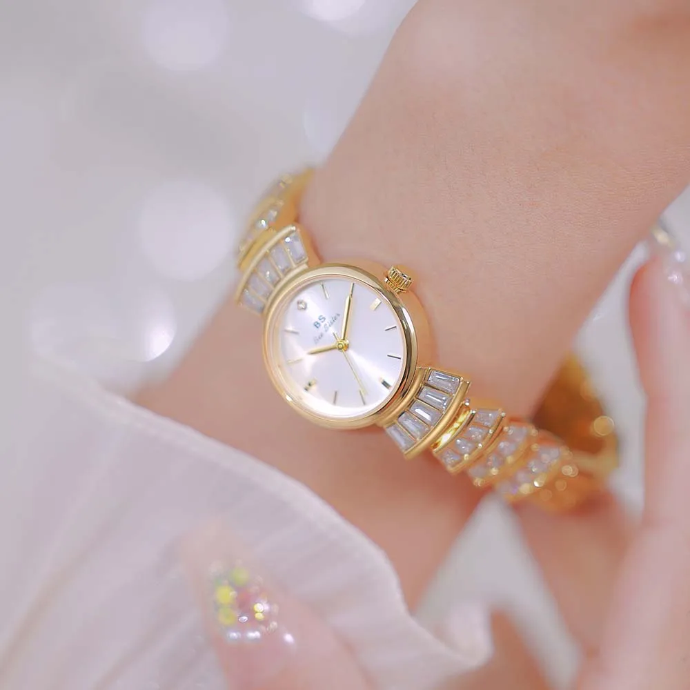 ساعات نسائية عالية الجودة ساعة معصم فاخرة للسيدات ذهبي أسود حجر الراين كوارتز ساعة يد نسائية صغيرة عتيقة