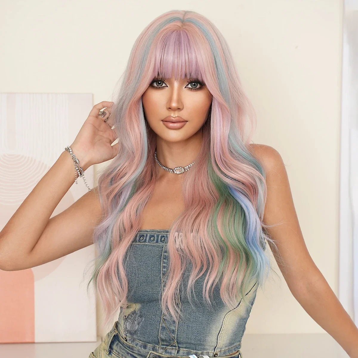 NAMM Long Curly Iridescent Rainbow Color Multicolour Synthetic Wigs For Women Daily Party Cosplay Heat Resistant Hair With Bangs
