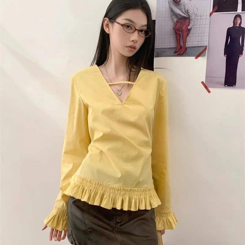 

Кружевная женская рубашка с v-образным вырезом, однотонная новая блузка с длинными рукавами, корейский стиль, минималистичный женский топ с завязкой на талии