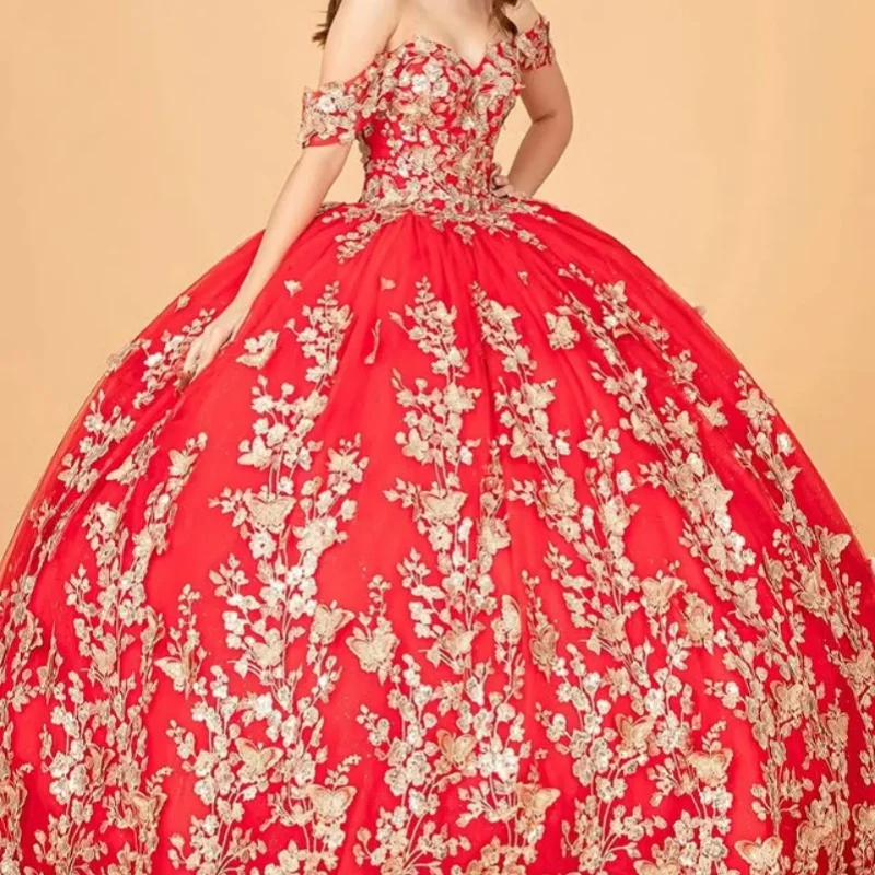 Eenvoudige rode Quinceanera-jurk off-shoulder met gouden pailletten, bloemenapplicatie en lange sleep, vestidos de 15 Quinceanera ﻿ Aanpassen