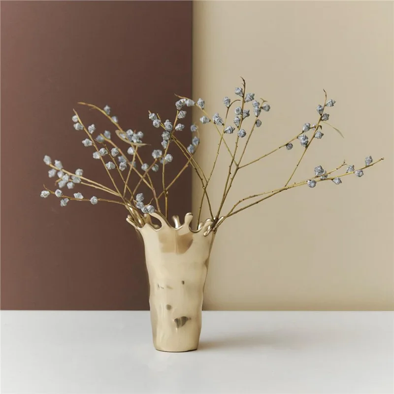 Indian craftsmanship Nordic light luxury metal vase, gold irregular shape decoration ornament home flower arrangement