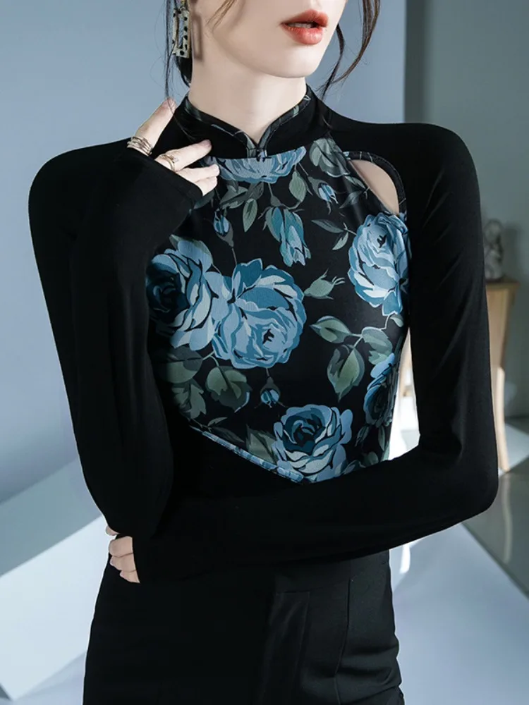 

UOOZEE Women's Chinese Style Black Blouse High Neck Long Sleeves Floral Printed Cutout Slim Fit Elegant Vintage Tops T-shirts