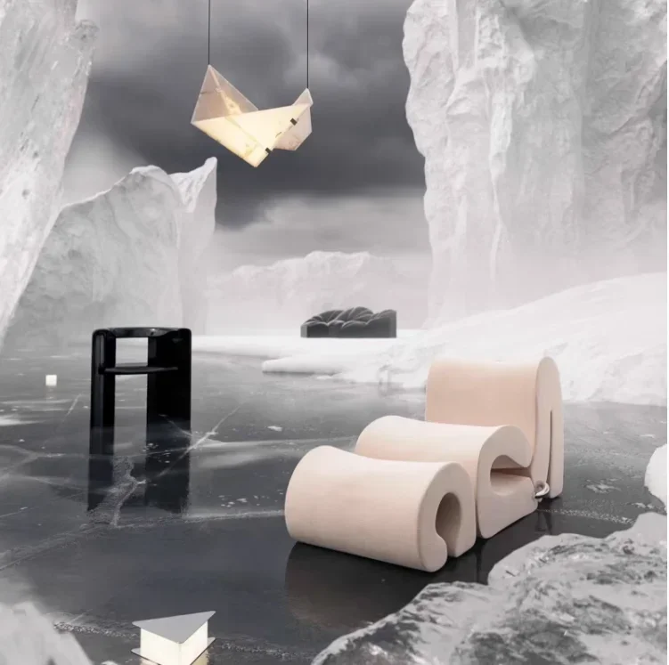 イタリアのミニマリストウォーターウェーブソファ、リビングルームにある曲線状のフランス製中空ソファ