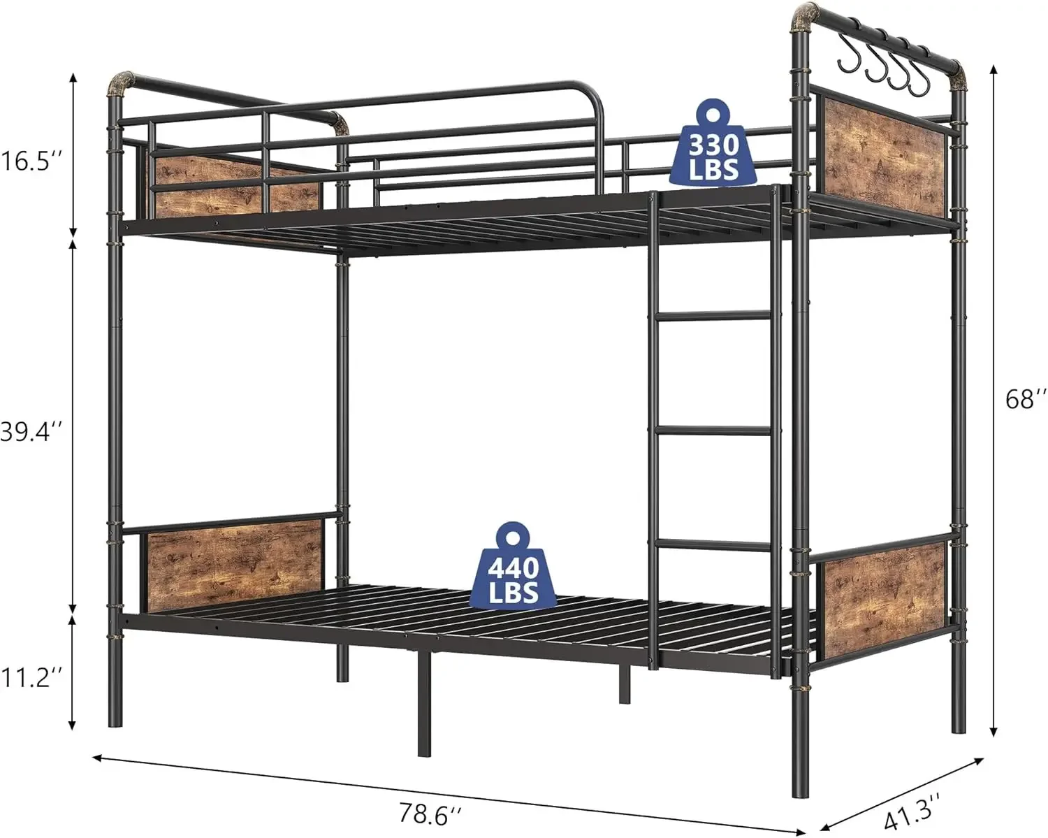 Bunk Bed Twin Over Twin, Industrial Bunkbeds with Heavy Duty Bed with Safety Guard Rails and Space-Saving Design, Steel Bed for