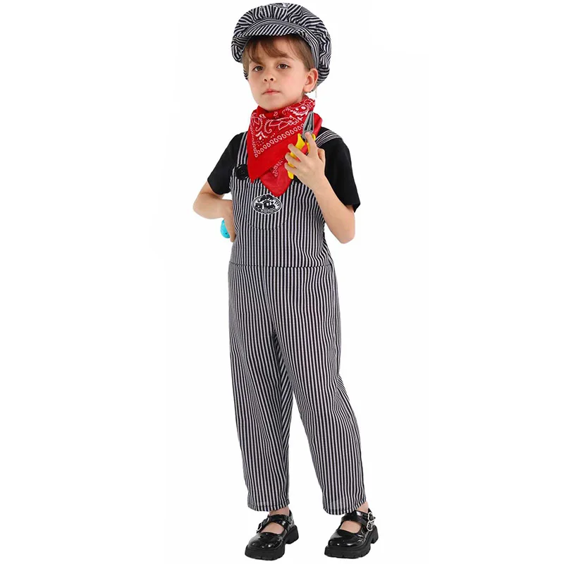 Criança trem engenheiro terno halloween fantasia vestir-se vintage listrado pequeno trem ferroviário engenheiro macacão roupa para menino