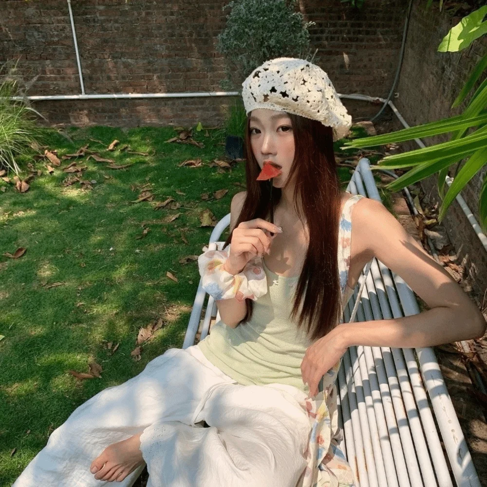 Elegant Breathable Flower Hat Thin Japanese Style Hollowed Out Beret All-match Headgear Crochet Knitted Cap Holiday