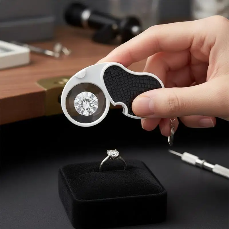 5X Pocket Magnifying Glass With LED Light Handheld Jewelry Loupe Keychain 45mm Illuminated Coins Magnifier For Jewelers Senior