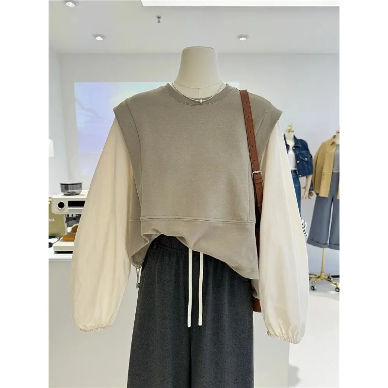 Moda otoño nuevo falso dos piezas Casual estilo occidental camisa manga Top Casual suelto cuello redondo versátil sudadera Mujer